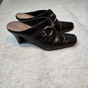 Dark Brown Croc Embossed Heeled Mules Square Toe Brass Buckle Penny 7.5M